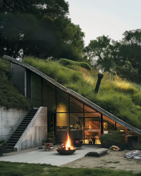 grounding #midjourney #midjourneyarchitect #midjourneyarchitecture #artificialintelligence #aidesign #aiarchitecture #houseinspo #dwell House In Valley, In Ground House, House On A Mountain, Suspended House, Mid Century Modern Homes Exterior, Green Roof House, Earth Sheltered Homes, Earth Sheltered, Underground Homes