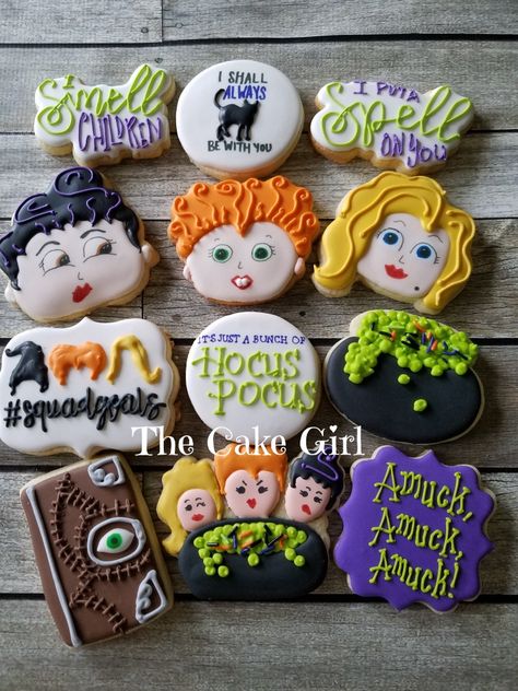 Hocus Pocus Halloween Cookies, Halloween Cookies Hocus Pocus, Hocus Pocus Party Desserts, Hocus Pocus Cupcakes Ideas, Sanderson Sister Cookies Decorated, Halloween Treats Hocus Pocus, Hocus Pocus Macarons, Sanderson Sister Cookies, Hocus Pocus Dessert Board