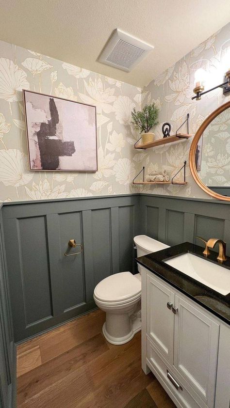 From Chic to Cozy:  25 Bathroom Wainscoting Ideas - Curbly Wallpaper Bathroom Ideas Farmhouse, Waynes Coating Painting Ideas, Bathroom With Waynes Coating Wainscoting Ideas, Craftsman Bathroom Wainscotting, Waynes Coating Half Bathroom, Small Powder Room With Wainscoting, Bathroom Paneling And Wallpaper, Green Wainscotting In Bathroom, Powder Room Waynes Coating