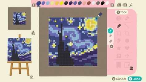 Acnh Nintendo Design, Animal Crossing Starry Night, Acnh Pattern Design Codes, Animal Crossing Villager Pixel Art, Acnh Starry Night Design, Animal Crossing Canvas Designs, Pixel Art Anch, Starry Night Pixel Art 32x32, Acnh Moth Design