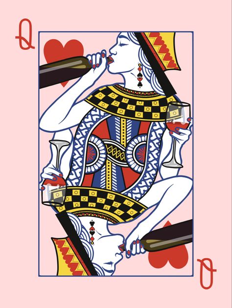 An illustration of a Queen of Hearts playing card but the woman is drinking red wine Red Wine Illustration, Art With Wallpaper, Wine Art Illustration, Queen Of Hearts Art, Diy Art Wall, Cool Art Prints, Cards Painting, Art Hippie, Art 2023