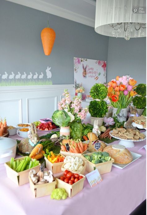 Some Bunny Is One! Love this! Look closely rabbit made out of bread. Easter Dinner Party, Food Display Table, Easter Birthday Party, Spring Birthday Party, Bunny Birthday Party, Peter Rabbit Birthday, Peter Rabbit Party, Bunny Party, Spring Birthday