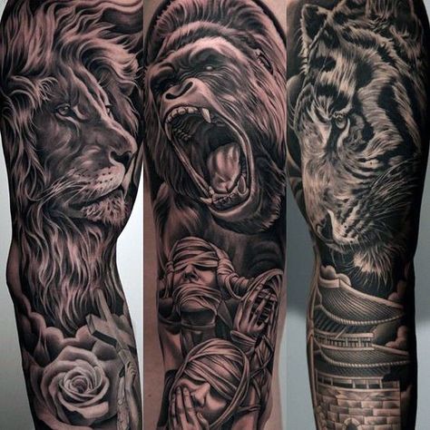 Roaring Gorilla With Calm Lion Guys Amazing Sleeve Tattoo Ideas Fernweh Tattoo, Lion Sleeve, Animal Sleeve Tattoo, Gorilla Tattoo, Lion Tattoo Sleeves, Mens Lion Tattoo, Sleeve Tattoo Ideas, Tattoos Geometric, Geniale Tattoos