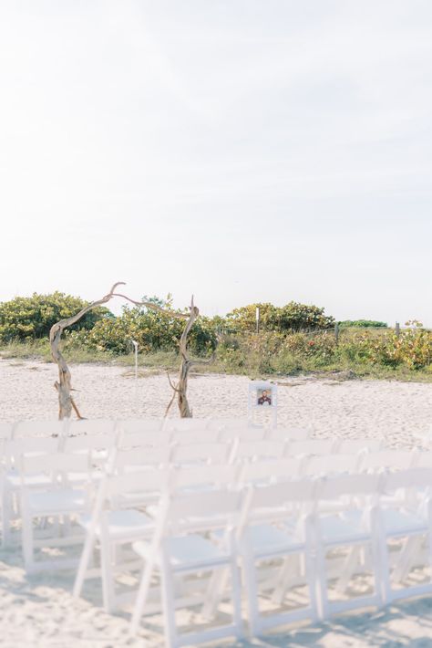 Beach Wedding with Natural Wood Ceremony Arch and White Chairs | St. Pete Wedding Ceremony Wood Ceremony, St Pete Wedding, Lilly Pulitzer Inspired, White Chairs, Wedding Postcard, Wedding Beach Ceremony, St Pete Beach, Beach Ceremony, Wedding Vendor