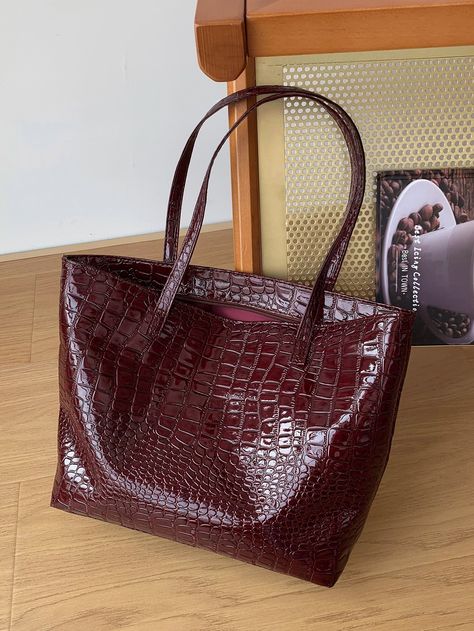 Maroon    PU Leather  Shoulder Tote Bag    Women Bags Maroon Bag, Hair Tomboy, College Tote Bag, Outfit 2023, Halloween Pumpkins Painted, Alligator Skin, Leather Totes, Pretty Bags, Ankara Styles