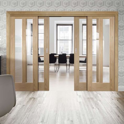 Thruslide Novara Oak 2L - 4 Sliding Doors and Frame Kit - Clear Glass - Lifestyle Image.    #glazedinterior #glazedoors Sliding Dining Room Doors, Sliding Oak Doors Internal, Glass Sliding Door Design, Sliding Wooden Doors, Sliding Room Doors, Sliding Doors Internal, Metal Room Divider, Wooden Sliding Doors, Internal Glass Doors