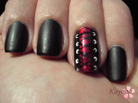 I did today's manicure at the request of a co-worker who asked me to do black nails. I guess she didn't notice that I have done black nails ... Fishnet Nails, Goth Nail Art, Corset Nails, Goth Nails, Red Nail, Get Nails, Hot Nails, Cool Nail Designs, Nail Art Inspiration