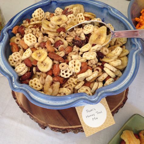 Honey Trail Mix for Winnie the Pooh baby shower - honeycomb cereal, Honey Nut Cheerios, Honey roasted nuts, banana chips, Craisins, and pumpkin flax granola. Classic Pooh Baby Shower Ideas, Pooh Bear Baby Shower Ideas, Honeycomb Cereal, Flax Granola, Honey Nut Cheerios, Pooh Party, Winnie The Pooh Themes, Winnie The Pooh Baby Shower, Pooh Birthday