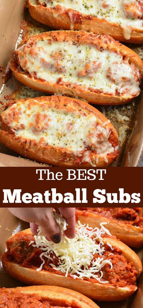 meatball sub collage top picture is meatball subs cooked in casserole dish bottom picture is cheese being put over meatball sub Meatballs Marinara, Field Meals, Meatball Sub, Best Meatballs, Meatball Subs, Italian Meatballs, Delicious Sandwiches, Marinara Sauce, Casserole Dish