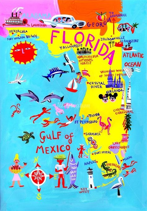 map of florida South America Map, Illustrated Maps, Florida Map, Asia Map, Pictorial Maps, Florida Art, Beach Books, Gouache Illustrations, Map Of Florida