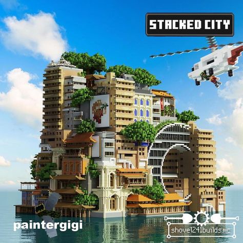 Minecraft Stacked City, Minecraft Extreme Builds, Minecraft Solar Panel, Solarpunk Minecraft Builds, Minecraft Stacked Houses, Solarpunk Minecraft, Minecraft Solarpunk, Minecraft Cyberpunk, Minecraft Mountain House