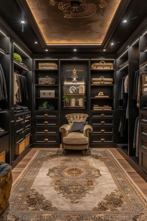 Maximalist Walk In Closet, Moody Walk In Closet, Dark Dressing Room, Walk In Closet Ideas, Master Closets, Monochromatic Bedroom, Glam Ideas, Brush Straightener, Black Closet