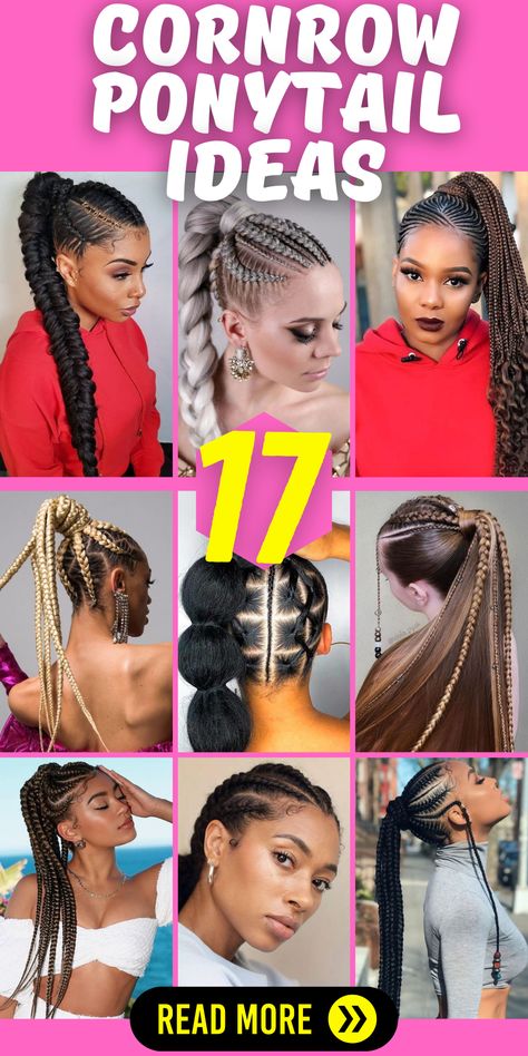 Elevate your hairstyle game with a chic and trendy cornrow ponytail! This stunning hairstyle, beloved by black women, combines the artistry of cornrows with the elegance of a ponytail. Whether you opt for feed-in braids, Ghana braids, or small cornrows, the cornrow ponytail offers a versatile and stylish look. Add some personality with beads or embrace your natural curls for added texture. Braided Pointy Tail Black Women, Goddess Braid Ponytail Black Women, Cornrows With Ponytail Extensions, High Ponytail Cornrows Black Women, Ponytail Hairstyles With Curls, Women Braids Hairstyles Black, Braids Going Into A Ponytail Black, Half Cornrows Half Twist, Goddess Cornrow Braids With Curls