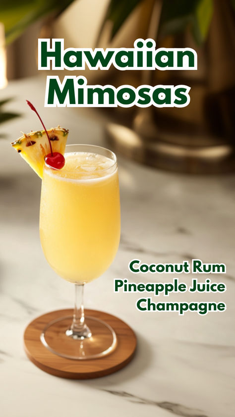 Hawaiian Mimosas Rum And Pineapple Juice, Coconut Rum Cocktails, Hawaiian Mimosas, Classic Mimosa, Cocktail Cards, Juice Cocktails, Mimosa Cocktail, Hawaiian Cocktails, Champagne Cocktails