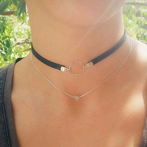 Handmade Choker Necklace, Black Leather Choker, Necklaces Set, Handmade Chokers, Double Necklace, Sterling Silver Choker, Leather Choker Necklace, Silver Choker Necklace, Star Pendant Necklace