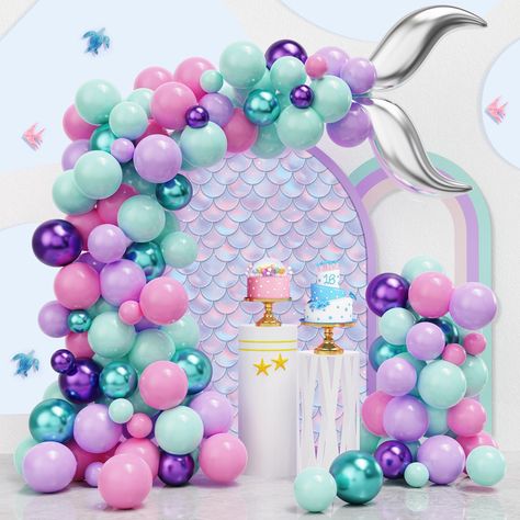 PRICES MAY VARY. 【DIY Balloons Package List】: The Mermaid balloon arch come with 122pcs different size pink teal purple balloons, including 3 different sizes: light purple balloons x 30pcs, light pink balloons x 30pcs, light teal balloons x 30pcs, metallic green balloons x 15pcs, metallic purple balloons x 15pcs, silver tail foil balloons x 2pcs, Balloon garland strip x 1 roll (16 feet) and 100pcs balloon glue dots. The mermaid theme backdrop is very beautiful and stylish. You can DIY your merma Mermaid 3rd Birthday Party Decorations, Mermaid Balloon Arch, Pink Purple Party, Mermaid Backdrop, Teal Balloons, Teal Mermaid, Mermaid Birthday Decorations, Mermaid Balloons, Green Balloons