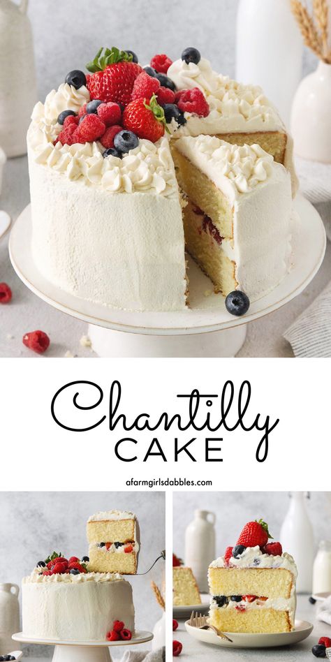 Berry Vanilla Cake, Easy Two Layer Cake Recipes, Whipped Frosting Cake Designs, Small Chantilly Cake, Cake Recipes With Berries, Chantelle Cake Recipe, Whipped Cream Cakes Designs, Vanilla Cake With Berries, Fresh Cake Recipe