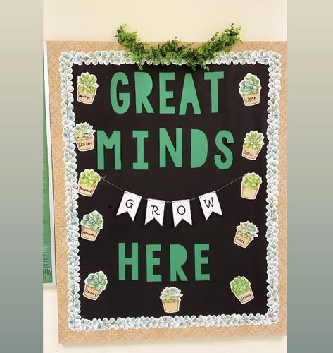 Growth, bulletin board, plants, grow, great minds, bulletin, boards, greenery, succulents Heres To A Year Of Growth Bulletin Board, From Tiny Seeds Grow Mighty Trees Bulletin Board, Plant Bulliten Board Ideas, Teacher Of The Year Bulletin Board, Plant Bulletin Board Preschool, Growing Minds Bulletin Boards, Grow Your Mind Bulletin Board, Classroom Door Plant Theme, Great Minds Grow Here Bulletin Board