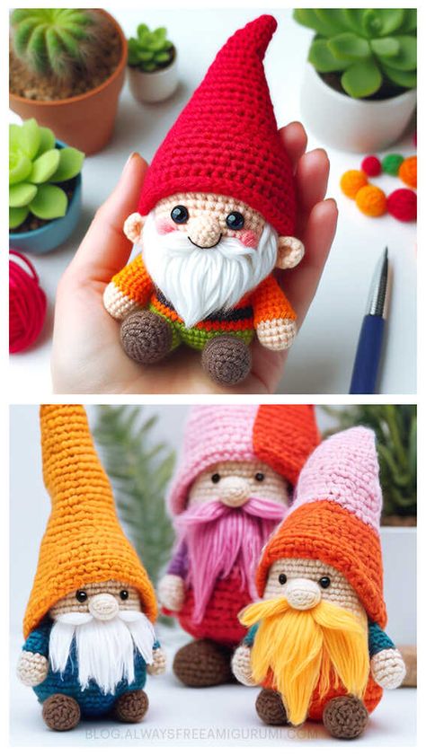 Crochet Gnome Amigurumi Free Pattern - Amigurumi Crochet Holiday Gnomes Free Pattern, Gnomes With Eyes, Crochet Houses Free Pattern, Christmas Crochet Gnome Free Pattern, Crochet Gnome Keychain Pattern Free, Gnome Amigurumi Free Pattern, Gonk Crochet Pattern Free, Crochet Gonk Pattern Free, Birthday Crochet Ideas