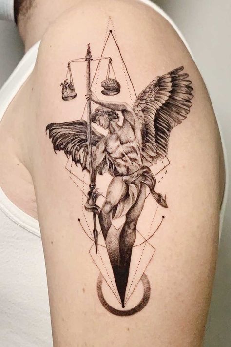 Angel Tattoo Ideas: The Mystery of Heavenly Ink Uncovered ★ Libra Angel Tattoo Idea Divine Tattoos, Angel Tattoo Ideas, Divine Tattoo, Meaningful Tattoos For Men, Justice Tattoo, Balance Tattoo, Cupid Tattoo, Meaningful Tattoo Ideas, Archangel Tattoo