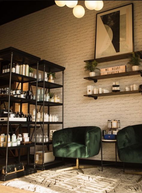 Small Salon Suites Interior Design, Boho Beauty Salon Vintage, Moody Hair Salon Decor, Salon Interior Design Earthy, Industrial Style Salon, Speakeasy Hair Salon, Moody Salon Design, Green And Black Salon, Small Hair Salon Design Ideas