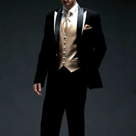 Black and gold tux Gold Prom Tux, Black And Gold Suit Men, Black And Gold Mens Outfit, 007 Wedding, Gold Tux, White Tuxedo Wedding, Prom Tux, Mens Tuxedo, White Tux