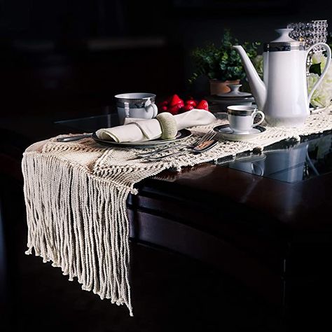 Amazon.com: SnugLife Macrame Table Runner (112" x 13") Long | Boho Table Runner | Wedding Table Decor | Vintage Farmhouse and Bohemian Dining Room Style | Off White: Kitchen & Dining Runner Wedding Table, Table Decor Vintage, Bohemian Dining Room, Tutorial Macramé, Boho Dining Room, Table Placements, Bohemian Table, Table Runner Wedding, Farmhouse Dining Rooms Decor