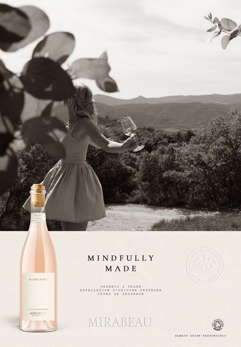 Our brief was to design & capture their new wine label to showcase Mirabeau's first Organic and Vegan wine. We wanted to place sustainability at the heart of the design & campaign, referencing the brand's commitment to their wine being ‘mindfully made’. #Photography #Wine #Winecampaign Wine Newsletter Design, Wine Campaign Ideas, Wine Tasting Design, Wine Brand Design, Wine Shop Branding, Wine Poster Design Ideas, Wine Design Poster, Wine Advertising Design, Wine Event Poster