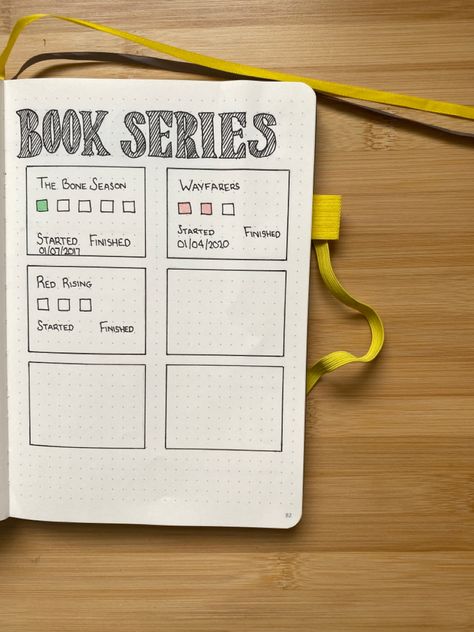 Book series tracker bullet journal to track what books have been read in each series, date started and date finished. Colour in the squares once you’ve read each book and keep track how long it takes you to read the series’. Book Dot Journal, Book Series Journal Page, Book Tracking Journal, Reading Journal Book Series Tracker, Series Tracker Book Journal, Book Series Tracker Bullet Journal, Book Journal Series Tracker, Pages Read Tracker Bullet Journal, Reading Journal Series Tracker