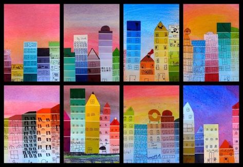 Value Art Projects, Paint Sample Art, Value Art, Paint Chip Crafts, Value Painting, Paint Chip Art, 6th Grade Art, City Skylines, Popular Diy