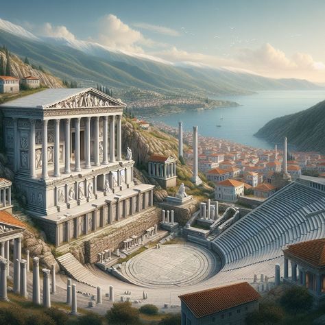 Greek Inspired Fantasy City, Ancient Greek City Concept Art, Greek City Concept Art, Greek Buildings Aesthetic, Greco Roman Architecture, Roman Landscape, Roman Palace, Greek Buildings, Superhero Art Projects