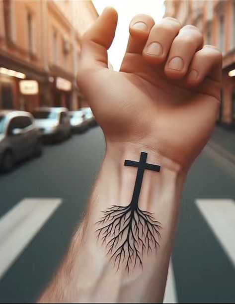 Mens Tatoos Hand, Calvary Tattoo Crosses, Easy Tats To Draw, Connect Tattoo Ideas, Jesus Tattoos Men, Cross With Roots Tattoo, Tattoo For Christians, Feet Tattoos For Men Ideas, Cross Tree Tattoo