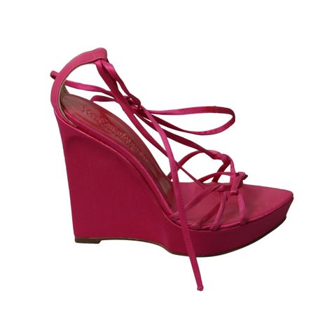 TOM FORD for YSL hot pink strappy satin wedges Coral Rose, Yves Saint Laurent Shoes, Leather Stamps, Raspberry Color, Evening Sandals, Saint Laurent Shoes, Pink Silk, Vintage Shoes, Pink Leather