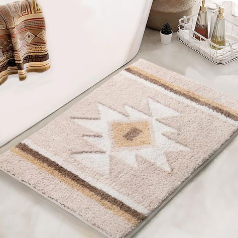 PRICES MAY VARY. Boho Bathroom Rugs: The well-designed bathroom rug features a classic modern geometric pattern. Beautiful western decor design makes the floor mat look minimalist, making your room elegant and full of natural vitality. It’s ideal home decoration. Non Slip Backing: With TPR rubber backing that prevent shifting and skidding, the geometric bath rug is more safe and skid resistance. Stable backing is a good choice for families with the elderly. Please put the bathroom rug on a DRY A Western Home Decor Ranch Style Bathroom, Cow Themed Bathroom, Western Decor Bathroom, Boho Western Bathroom, Cowboy Bathroom, Bathroom Shower Tub, Farmhouse Bathroom Rugs, Black Bathroom Rug, Boho Bathroom Rugs