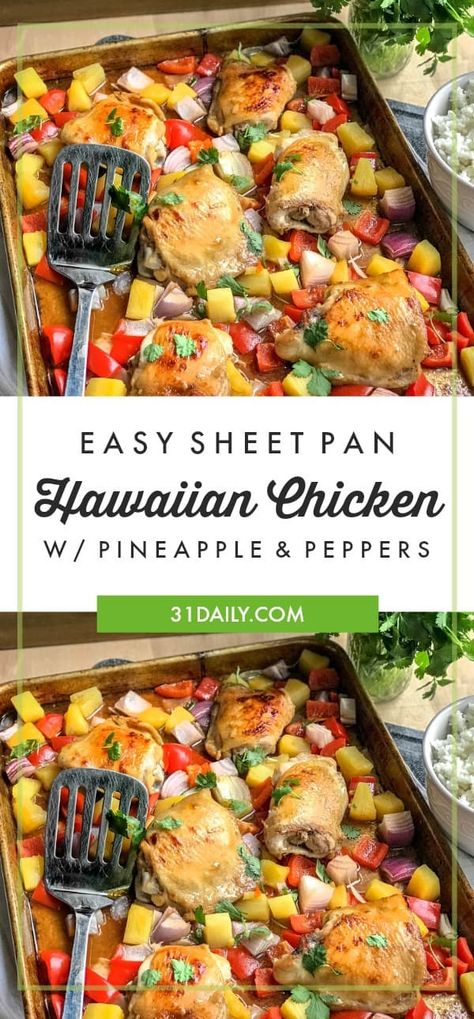 This Sheet Pan Hawaiian Chicken is a delicious and easy weeknight dinner with super-easy cleanup! If you're craving some sunshine and tropical fruit… this healthy sheet pan dinner of chicken thighs, pineapple and summer vegetables is for you! Serve it with rice, or by itself! Tropical Recipes Dinner, Hawaiian Chicken Sheet Pan Dinner, Sheet Pan Hawaiian Pineapple Chicken, Sheet Pan Hawaiian Chicken, Hawaiian Sheet Pan Chicken, Hawaiian Meals, Balsamic Carrots, Healthy Sheet Pan, Hawaiian Chicken Recipes