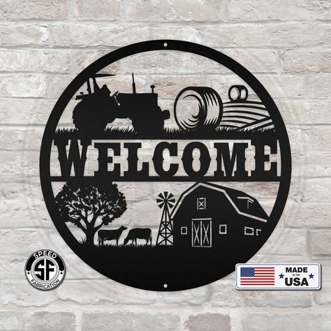 "This Round Farm Scene Welcome Metal Sign is the perfect sign for your farmhouse.  Makes a great gift for the farmer in your life.  Our 12\" through 28\" signs are made from 16 gauge steel,  30\" through 36\" signs are made from 14 gauge steel with a powder coated finish for a long lasting sign indoors or outdoors. PLEASE REFER TO THE COLOR KEY PICTURE IN THE LISTING BEFORE ORDERING. BARE METAL DIY IS RAW AND NOT SEALED WITH THE POTENTIAL FOR RUSTING IF NOT SEALED AFTER PURCHASE.  Shipping is generally 1 to 2 weeks from the date order was placed.   Due to the start of the Holiday season, October-December shipping may take 2 to 3 weeks." Metal Farm Sign, Farm Logo Design, Vinyl Artwork, Blade Sign, Welcome Wood Sign, Color Key, Farm Logo, Farm Signs, Farm Scene