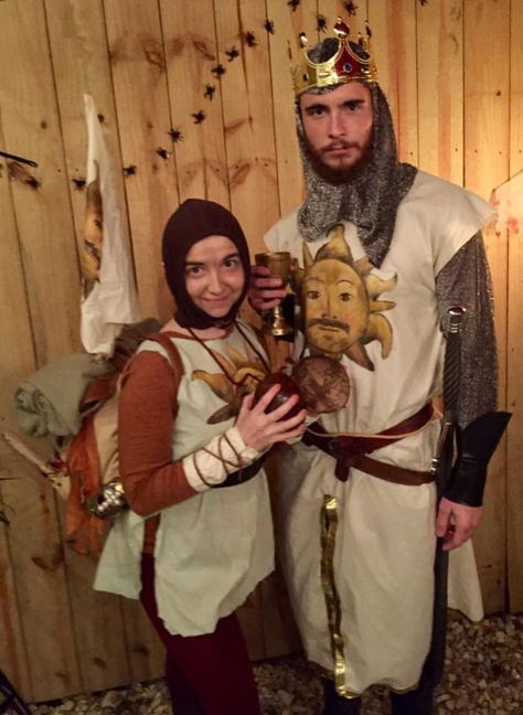 Monty Python Couples Costume - 9GAG King Arthur And Patsy Costume, Monty Python Halloween Costume, Monty Python And The Holy Grail Costume, Monty Python Costume, Nerdy Couples Costumes, Homeade Halloween Costumes, King Arthur Costume, Mythology Costumes, Mythology Dress