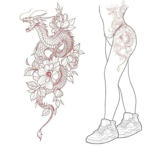 Japanese Dragon Hip Tattoo, Dragon Tattoo For Women On Leg, Dragon Tattoo On Hip For Women, Large Dragon Tattoo For Women, Chest Tattoo Female Fine Line, Tattoo Sleeve Themes Women, Japanese Tattoo Feminine, Forever 22 Tattoo, Tatoos Legs Woman