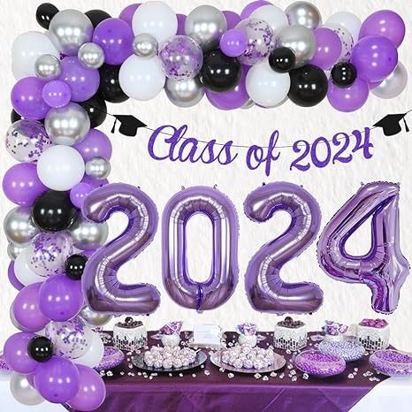 Amazon.com: Sursurprise 2024 Graduation Decorations Purple Silver and Black Balloon Garland Arch Kit Class of 2024 Banner Number 2024 Balloon for 2024 Graduation Party Supplies : Home & Kitchen Purple Black And Silver Graduation Party, Purple Graduation Decorations, Graduation Party Decor Purple, Class Of 2024 Graduation Party, Graduation Party Ideas Purple, Purple Graduation Party Ideas, Purple Grad Party, Graduation Party Purple, Black Balloon Garland