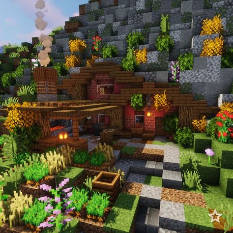 Small, simple but lovely and easy to build Medieval Mountain House with Forge Easy But Cute Minecraft Houses, Minecraft In The Mountain House, Cute Plains Minecraft House, Minecraft House Into Mountain, Minecraft Hobbit Houses Mountain, Small Hobbit House Minecraft, Minecraft Mountain House Ideas Easy, Minecraft Building Ideas Mountain House, Minecraft Small Mountain House