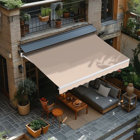 The Frame of the retractable Awning is made of aluminum, which is sturdy and corrosion resistant. The covering of the patio awning is made of polyester fabric with PU coating. It features water and mildew resistant while being easy to scrub and dry. Awning Ideas Patio, Bamboo Furniture Bedroom, Cover For Patio, Indoor Bamboo, Fabric Awning, Rocking Chair Porch, Backyard Shade, Potting Table, Outdoor Shelters