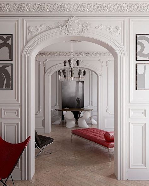 French Molding, Modern Parisian, Glamorous Interiors, Neoclassical Interior, Pop Of Red, Red Love, Minimal Modern, House Room, French Decor