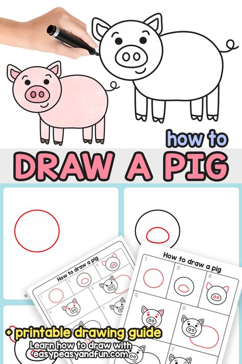 How to Draw a Pig – Step by Step Drawing Tutorial - Easy Peasy and Fun Pig Directed Drawing, Pig Drawing Easy, Horse Drawing Tutorial, Cow Drawing, Pig Crafts, Pig Drawing, Pig Print, Directed Drawing, Drawing Animals