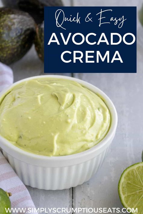 Learn how to make Avocado Crema, a tasty sauce or dressing perfect for tacos, shrimp and salmon, pasta dishes, and salads. Shrimp And Salmon Pasta, Mexican Crema Recipe, Avacado Dip, Tacos Shrimp, Crema Recipe, Mexican Crema, Avocado Crema, Easy Dips, Salmon Pasta