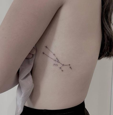 Fine line Taurus constellation tattoo located on the Constellation Tattoo Placement, Taurus Minimalist Tattoo, Astronomy Tattoos, Taurus Star Constellation, Star Constellation Tattoo, Taurus Constellation Tattoo, Astronomy Tattoo, Clavicle Tattoo, Taurus Star Sign