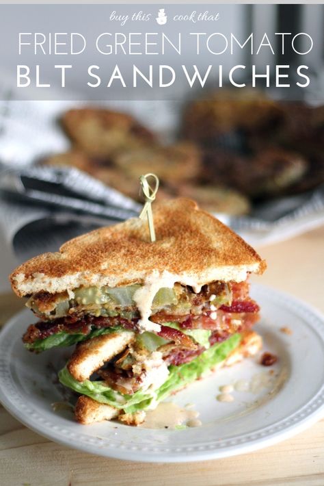 There are not enough words in the English language to tell you how much I love fried green tomatoes. Seriously. June in Tennessee means green tomatoes, and that makes me happy. And I am also the poster child for Bacon Addicts Anonymous. Thus, the Fried Green Tomato BLT Sandwich was born. Fried Green Tomato Blt, Green Tomato Blt, Blt Sandwich Recipes, Blt Sandwiches, Fried Green Tomatoes Recipe, Green Tomato Recipes, Fried Tomatoes, Bacon Sandwich, Blt Sandwich