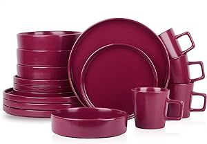 Stone Lain Cleo Modern Stoneware 16-Piece Dinnerware Set, Plates and Bowls Set, Dish Set Service For 4, Magenta Dishware Sets, Plates And Bowls Set, Stoneware Dinnerware Sets, Stoneware Dinnerware, Pasta Bowls, Beautiful Dishes, Dish Sets, Beautiful Food, Dinnerware Set