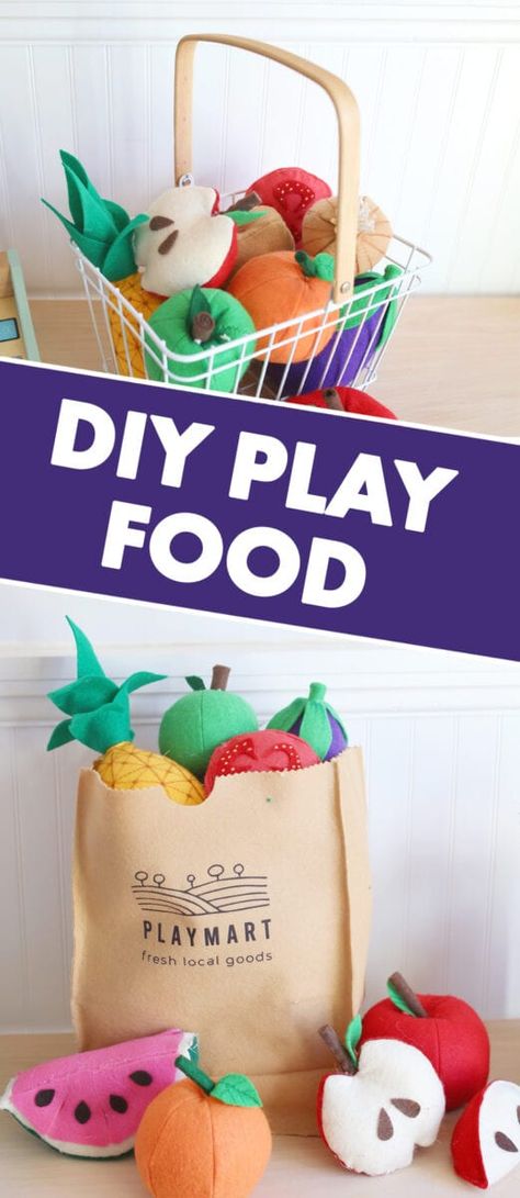 Are you looking for easy DIY felt food patterns, ideas, and templates for kids? This play food tutorial shows you how to make adorable fruits and vegetables for a play grocery store or kitchen! via @shrimpsalad Diy Play Food For Kids, Diy Play Food, Diy Felt Food, Play Grocery Store, Diy Paper Art, Felt Food Diy, Felt Food Patterns, Kerajinan Diy, Felt Fruit