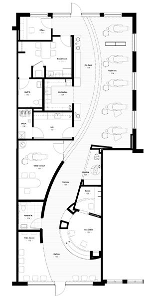 Curved Floor Plan, Clinic Plan Architecture, Dental Clinic Plan Layout, Office Plans Layout, Dental Clinic Floor Plan, Office Plan Design, Dental Clinic Plan, Clinic Floor Plan, Plan Layout Design