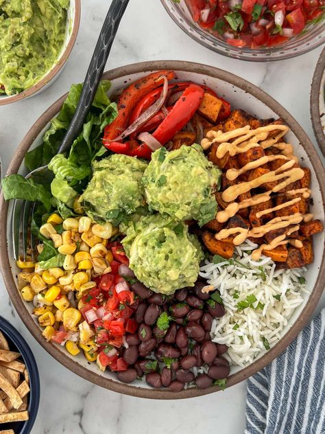 Vegan Burrito Bowls with Black Beans and Sweet Potatoes (gf) Vegan Burrito Bowl Meal Prep, Burrito Bowl Black Beans, Burrito Bowl Vegetarian Recipe, Burrito Bowl Salad, Black Beans Bowl, Lentil Burrito Bowl, Sweet Potato Avocado Bowl, Vegetarian Burger Bowl, Vegan Veggie Bowl